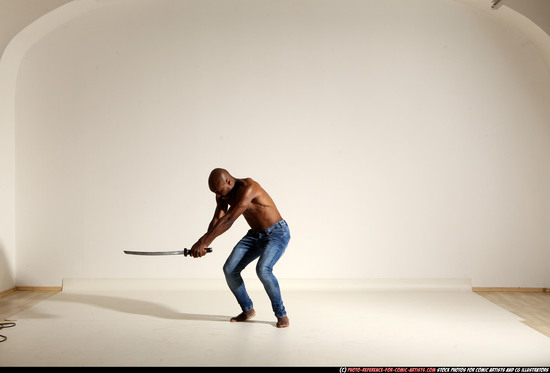 Man Adult Athletic Black Fighting with sword Moving poses Pants