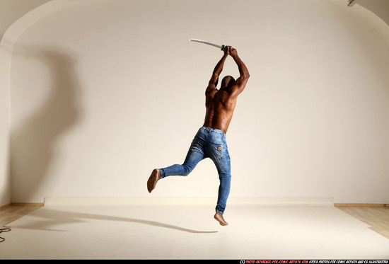 Man Adult Athletic Black Fighting with sword Moving poses Pants