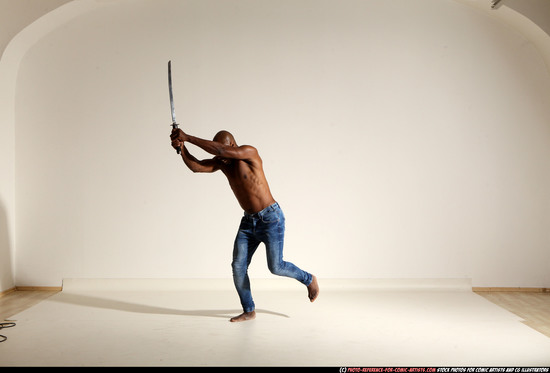 Man Adult Athletic Black Fighting with sword Moving poses Pants