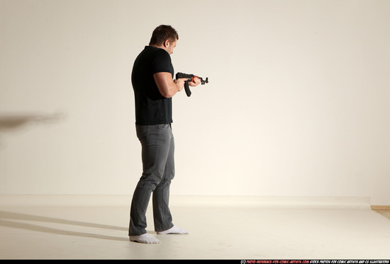 Man Adult Muscular White Fighting with submachine gun Moving poses Casual