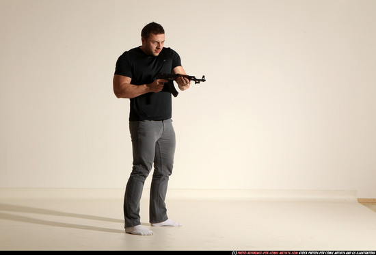 Man Adult Muscular White Fighting with submachine gun Moving poses Casual