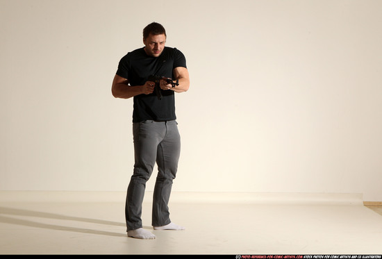 Man Adult Muscular White Fighting with submachine gun Moving poses Casual