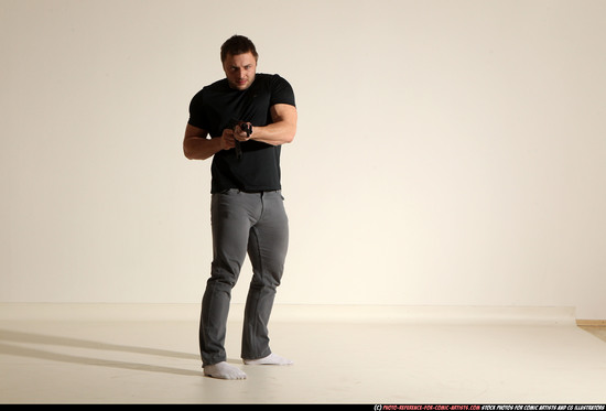 Man Adult Muscular White Fighting with submachine gun Moving poses Casual