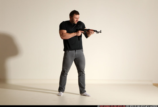 Man Adult Muscular White Fighting with submachine gun Moving poses Casual