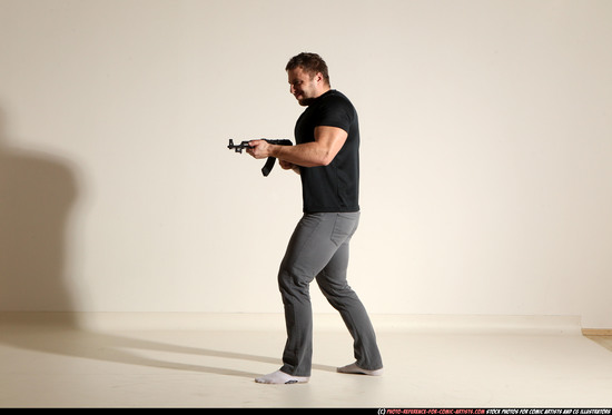 Man Adult Muscular White Fighting with submachine gun Moving poses Casual