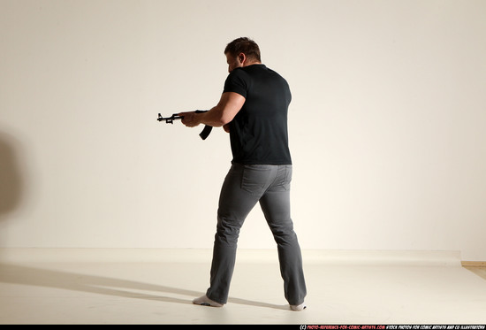 Man Adult Muscular White Fighting with submachine gun Moving poses Casual