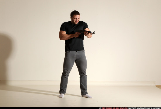 Man Adult Muscular White Fighting with submachine gun Moving poses Casual