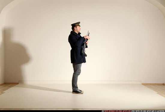 Man Adult Muscular White Moving poses Army Fighting with shotgun