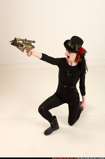 Woman Adult Athletic White Fighting with gun Kneeling poses Casual