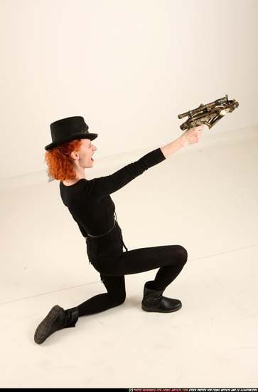 Woman Adult Athletic White Fighting with gun Kneeling poses Casual