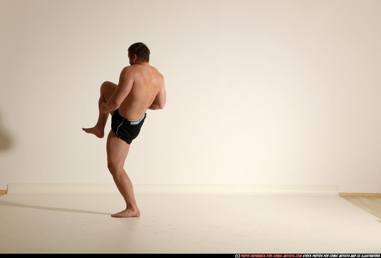 Man Adult Muscular White Fighting without gun Moving poses Underwear