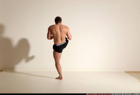 Man Adult Muscular White Fighting without gun Moving poses Underwear