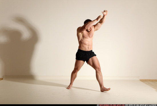 Man Adult Muscular White Fighting without gun Moving poses Underwear