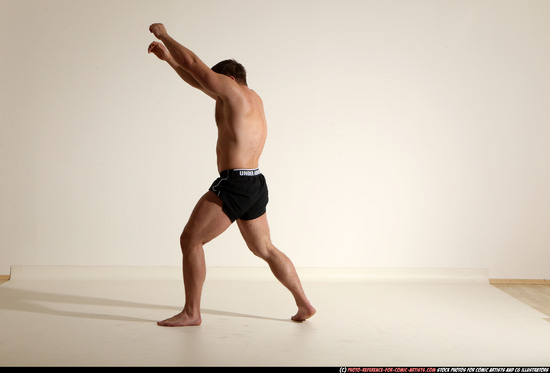 Man Adult Muscular White Fighting without gun Moving poses Underwear