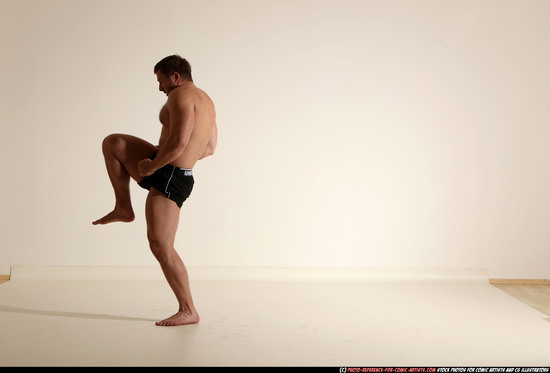 Man Adult Muscular White Fighting without gun Moving poses Underwear