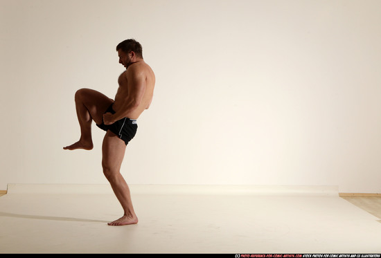 Man Adult Muscular White Fighting without gun Moving poses Underwear