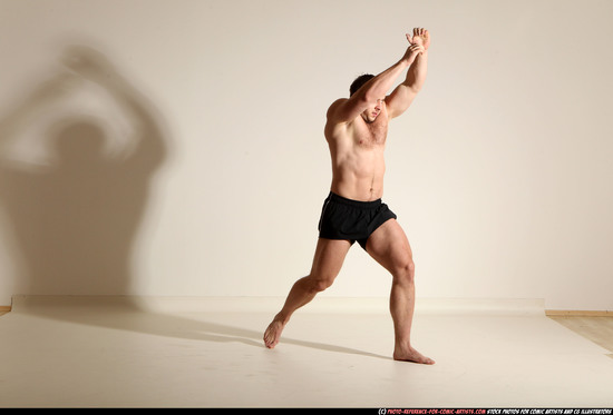 Man Adult Muscular White Fighting without gun Moving poses Underwear