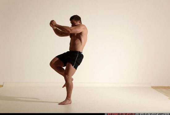 Man Adult Muscular White Fighting without gun Moving poses Underwear