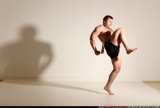 Man Adult Muscular White Fighting without gun Moving poses Underwear