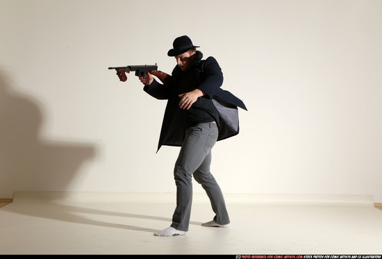 Man Adult Muscular White Fighting with submachine gun Moving poses Coat