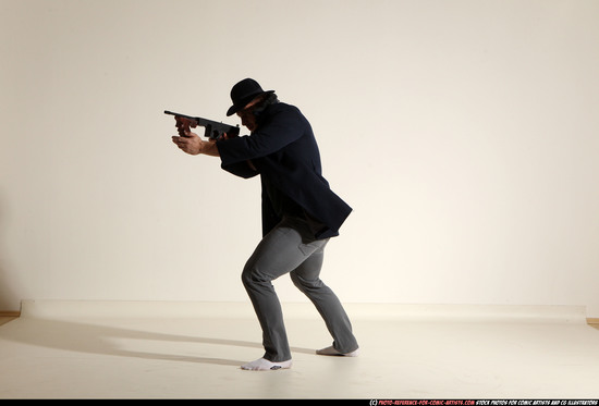 Man Adult Muscular White Fighting with submachine gun Moving poses Coat