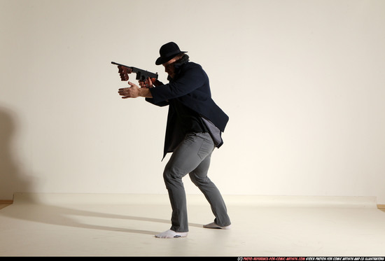 Man Adult Muscular White Fighting with submachine gun Moving poses Coat