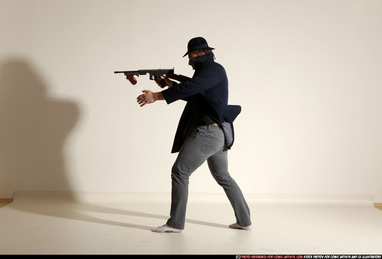 Man Adult Muscular White Fighting with submachine gun Moving poses Coat