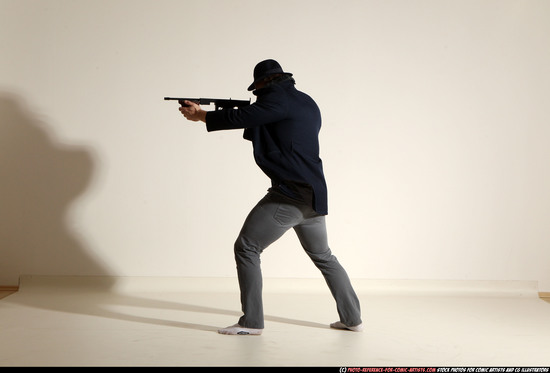 Man Adult Muscular White Fighting with submachine gun Moving poses Coat