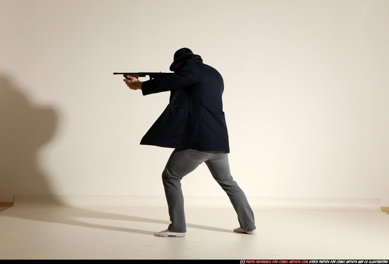 Man Adult Muscular White Fighting with submachine gun Moving poses Coat