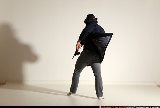 Man Adult Muscular White Fighting with submachine gun Moving poses Coat