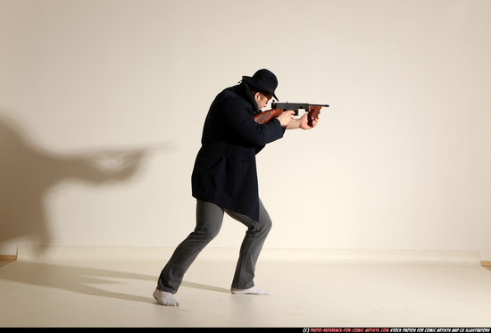 Man Adult Muscular White Fighting with submachine gun Moving poses Coat