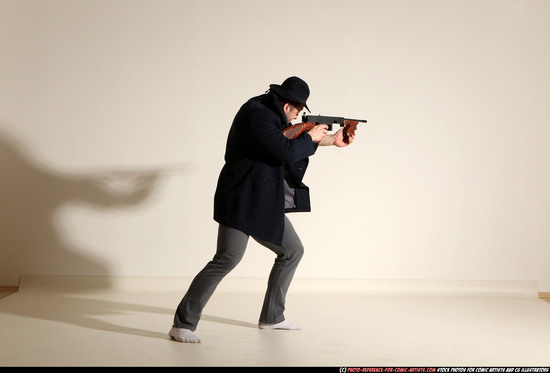 Man Adult Muscular White Fighting with submachine gun Moving poses Coat