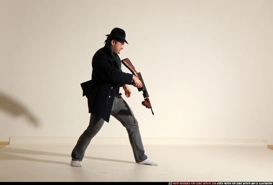 Man Adult Muscular White Fighting with submachine gun Moving poses Coat