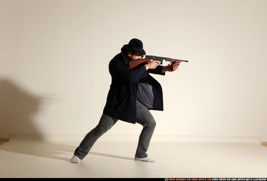 Man Adult Muscular White Fighting with submachine gun Moving poses Coat