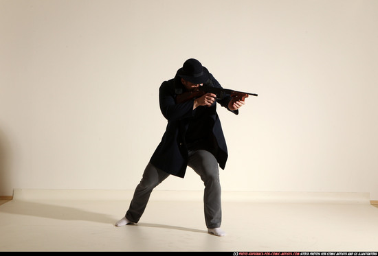 Man Adult Muscular White Fighting with submachine gun Moving poses Coat