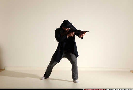 Man Adult Muscular White Fighting with submachine gun Moving poses Coat