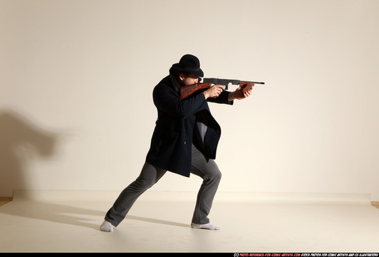 Man Adult Muscular White Fighting with submachine gun Moving poses Coat