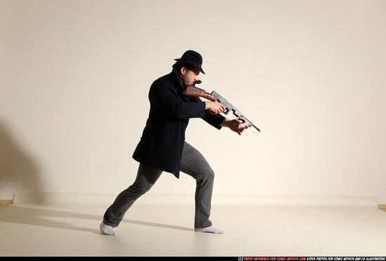 Man Adult Muscular White Fighting with submachine gun Moving poses Coat