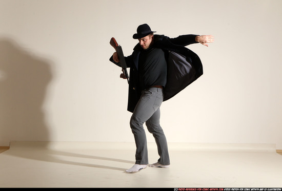 Man Adult Muscular White Fighting with submachine gun Moving poses Coat