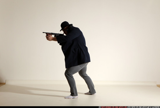 Man Adult Muscular White Fighting with submachine gun Moving poses Coat