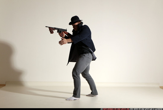 Man Adult Muscular White Fighting with submachine gun Moving poses Coat