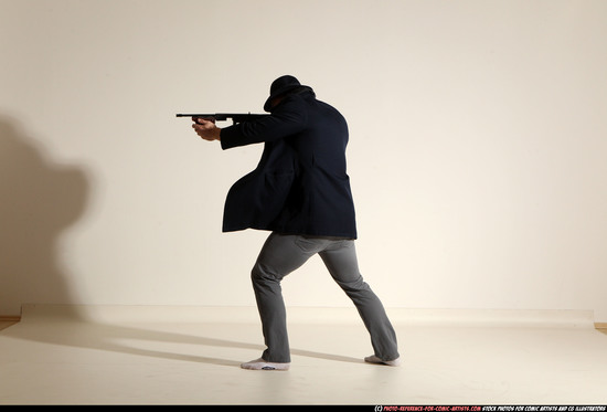 Man Adult Muscular White Fighting with submachine gun Moving poses Coat