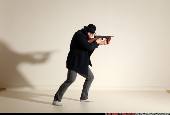 Man Adult Muscular White Fighting with submachine gun Moving poses Coat