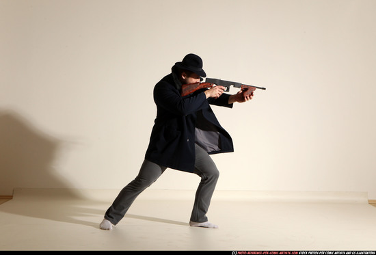 Man Adult Muscular White Fighting with submachine gun Moving poses Coat