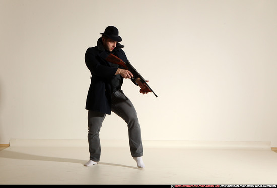 Man Adult Muscular White Fighting with submachine gun Moving poses Coat