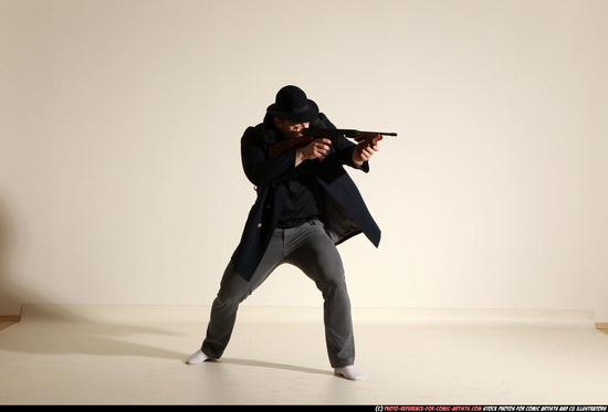 Man Adult Muscular White Fighting with submachine gun Moving poses Coat