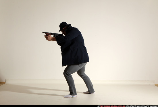 Man Adult Muscular White Fighting with submachine gun Moving poses Coat