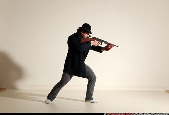 Man Adult Muscular White Fighting with submachine gun Moving poses Coat