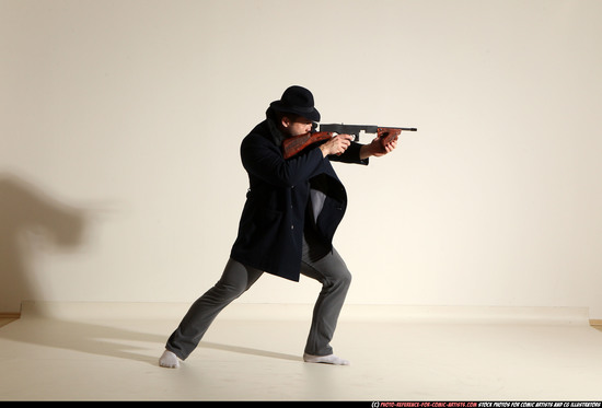 Man Adult Muscular White Fighting with submachine gun Moving poses Coat