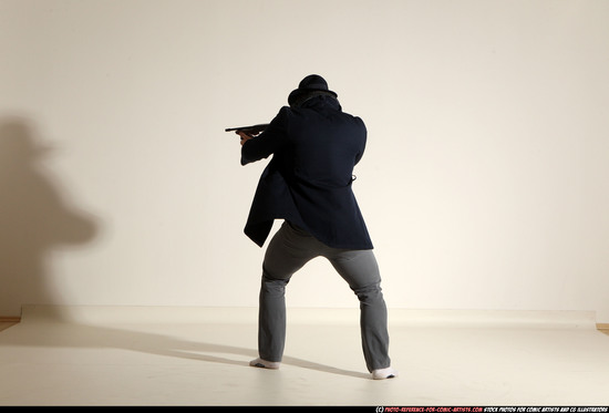 Man Adult Muscular White Fighting with submachine gun Moving poses Coat